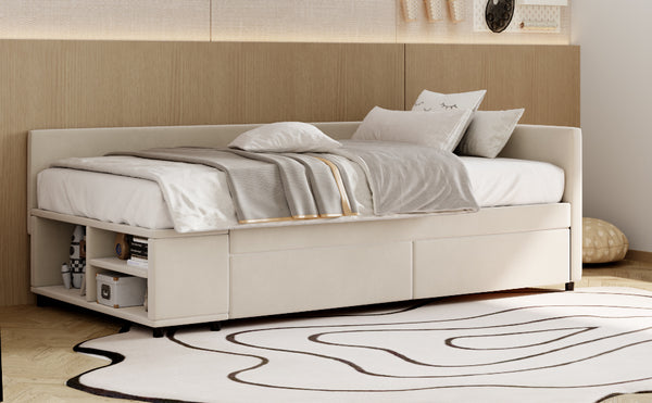 English Elm Twin Velvet L-Shaped Upholstered Platform Bed with Plush Headboard, Hidden Drawers & Cabinet Storage Beige SF000182AAA