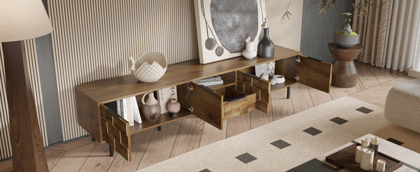 English Elm 78" TV Stand Checkered Natural Wood Finish with Soft-Close Doors, Deep Drawer & Open Shelf Storage N710P293272P