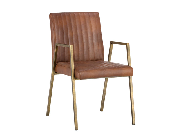 Sunpan Homer Dining Armchair - Stylish Industrial Design with Antique Brass Frame and Bold Channel Stitching Bravo Cognac