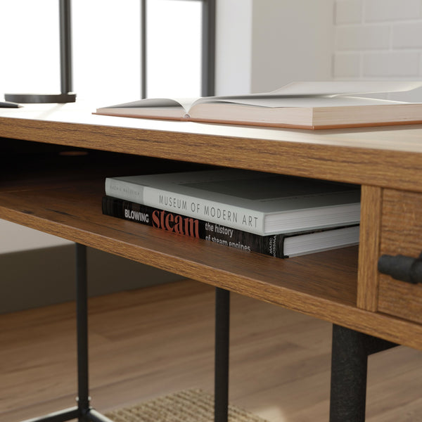 English Elm L-Shaped Desk With Elegant Brown Finish – Versatile Workspace Solution With Ample Storage & Cable Management B356P367765