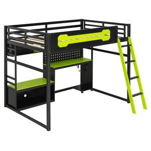 English Elm Full Size Gaming Loft Bed with Built-in Desk Led Lighting Usb Ports and Pegboard Black+Green LT000270AAG