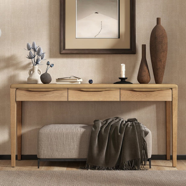 English Elm U_style Oak Veneer Console Table with Three Wave Drawers for Entryway or Foyer Natural N711P401926N