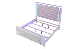 English Elm Opium Queen Bed with Tufted LED Headboard, Milky White Upholstery, Glam Hollywood Style, Durable Build B009S01014