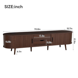 English Elm 70 Mid Century TV Stand with Rattan-Front Drawers, Tambour Doors, Built-In Outlets & Solid Wood Legs Dark Brown N710P339446P