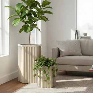 English Elm Hexagon Column Aluminum Planter Geometric Outdoor Pot with Wood Tone Powder Coat Finish Ash Brown B2755P462183