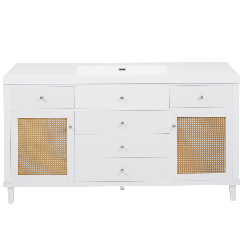 English Elm Christopher Knight Home® - 60" Modern Bathroom Vanity with Durable SMC Sink, Rattan Doors, Soft-Close Drawers, Pine Legs White N817P296130W