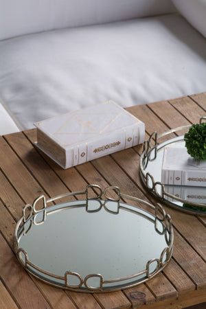 English Elm D16.1x2" Valentina Silver Round Mirror Tray — Distressed Openwork Frame, Speckled Glass, Luxe Decor_x0015_ W2078P391070