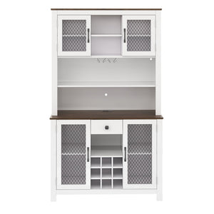 English Elm 70.9" Farmhouse Hutch Pantry with Led Lighting Wine Rack Mesh Doors and Built-in Power White CH361426AAK