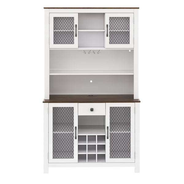 English Elm 70.9" Farmhouse Hutch Pantry with Led Lighting Wine Rack Mesh Doors and Built-in Power White CH361426AAK