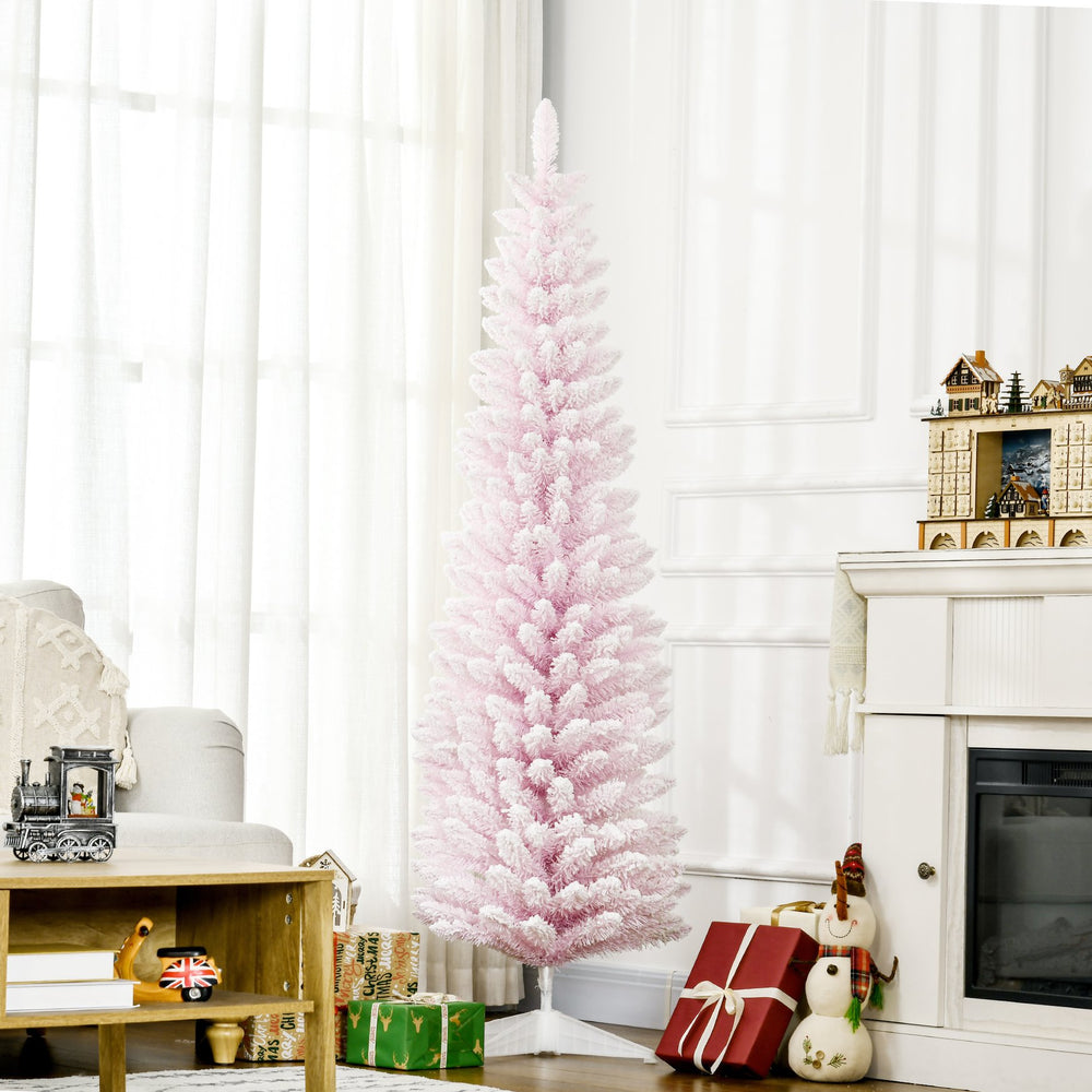 English Elm Homcom 6' Slim Pink Snow Flocked Pencil Christmas Tree For Indoor Decor - Realistic Branches & Easy Setup W2225P229529