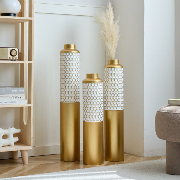 English Elm Floor Modern Metal Vase Set - Elegant Droplet Shaped White & Gold Accents For Glamorous Home Decor W2796P290484