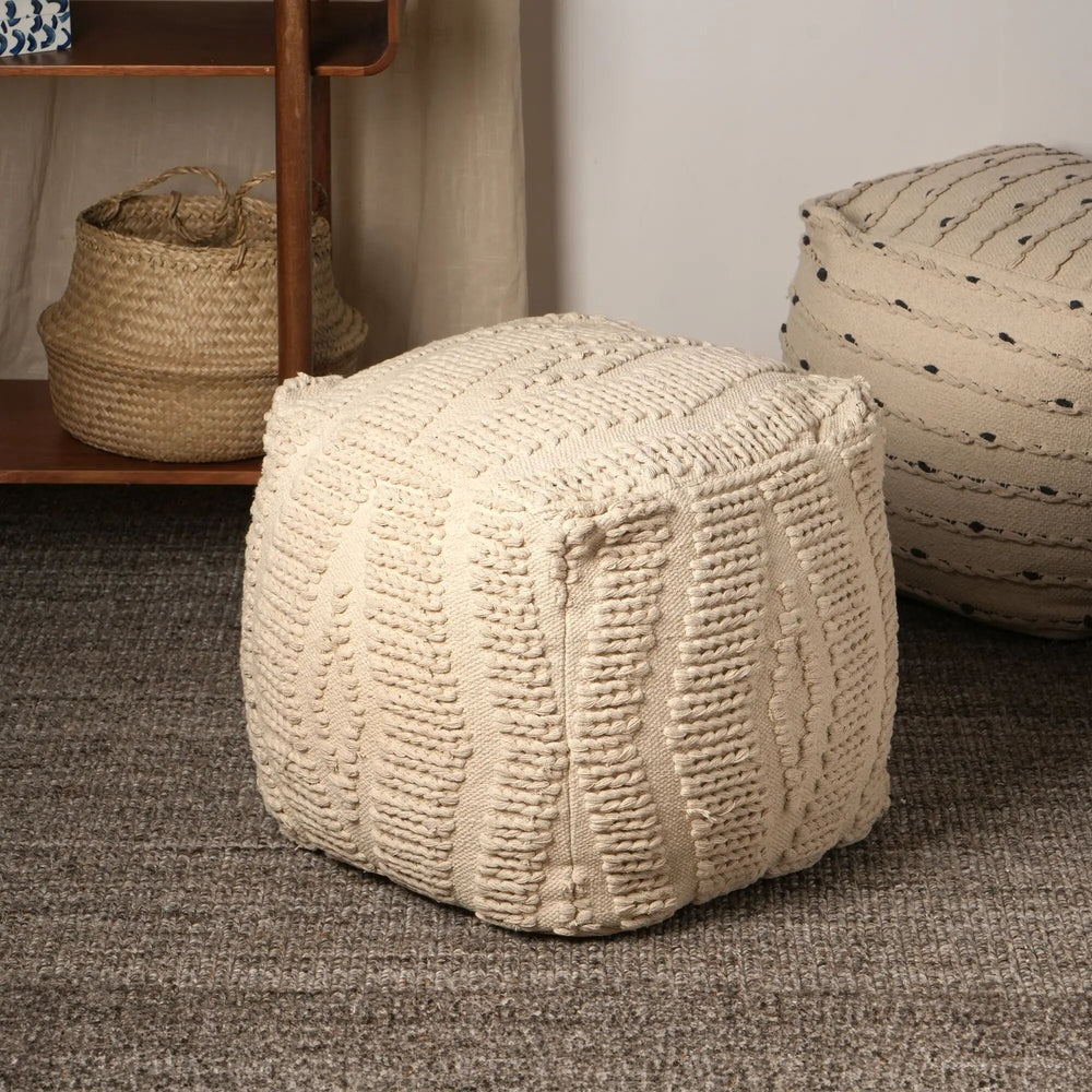 English Elm Geometric Handwoven Pouf 18" x18" Beige Cotton Accent Seat — Lightweight, Stylish Footrest for Home DecorGeometric Handwoven Pouf 18" x18" Beige Cotton Accent Seat — Lightweight, Stylish Footrest for Home Decor B346P320756