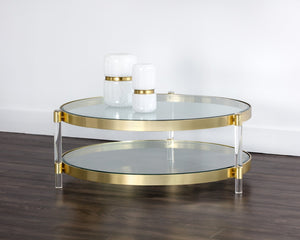 Sunpan YORK Coffee Table - Artisan Crafted with Antique Brass Finish and Dual Tempered Glass Shelves 104809