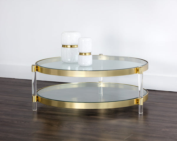Sunpan YORK Coffee Table - Artisan Crafted with Antique Brass Finish and Dual Tempered Glass Shelves 104809