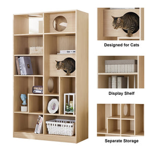 English Elm Modern 2 IN 1 Wood Bookshelf Cat House with Storage & Litter Box Enclosure, Natural Multi-Use Climbing Shelf 35.4"L x 15.7"W x 63.5"H N843P254852N