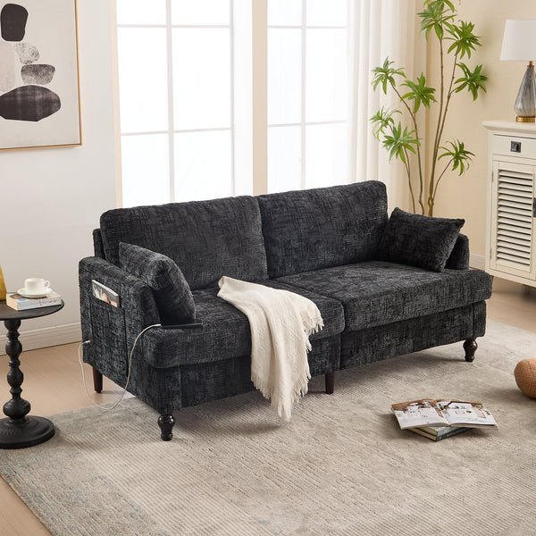 English Elm Modern chenille 2-seater sofa with LED lighting, USB charging, storage pocket, sturdy wood legs Black W395P318548