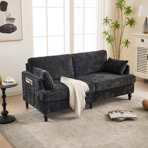 English Elm Modern chenille 2-seater sofa with LED, USB charging, storage pocket, solid wood legs, durable comfort Black W395P318548
