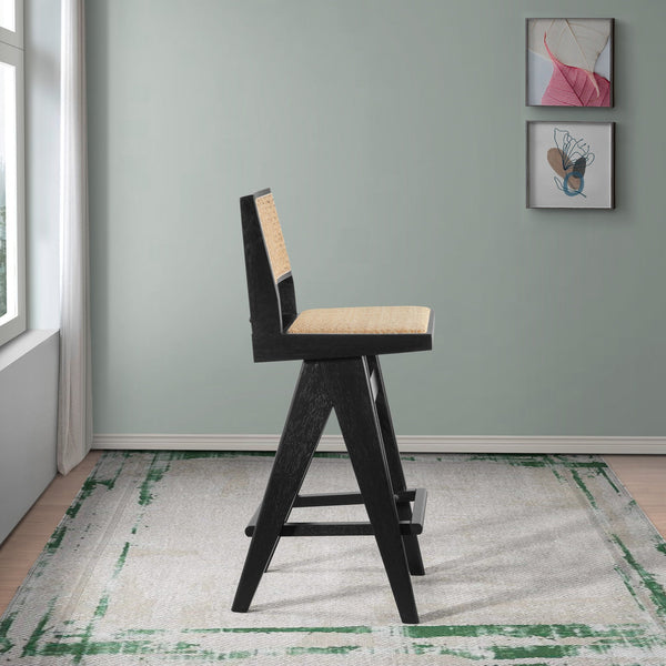 English Elm Ashcroft Furniture - Keira Mid-Century Rattan Bar Stool Set of 2 with Black Leather Seat, Full Back Comfort & Style B183P232081