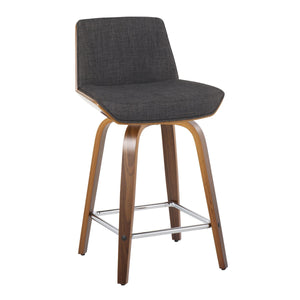 English Elm Corazza Mid-Century Counter Stool 24" Swivel Pair — Walnut Legs, Charcoal Upholstery, Chrome Footrest B202S00032