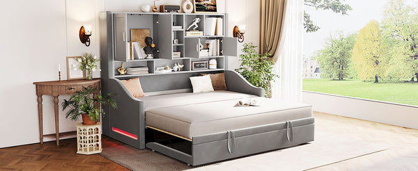 English Elm Twin Upholstered Daybed with LED Armrest Lighting, Hidden Storage Shelves & Lift-Up Pull-Out Trundle Gray SF000198AAE