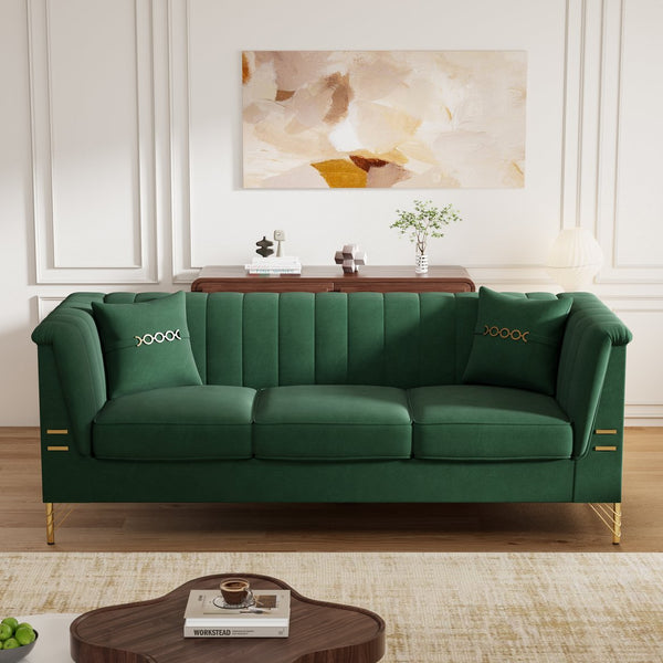 English Elm Fx-P82-Gr3 Modern Velvet Green Chesterfield 3-Seater Sofa With 2 Pillows - Stylish Comfort For Living Room W576S00219