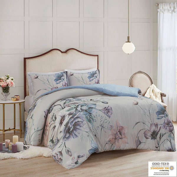 JLA Home Madison Park - 3 Piece Cotton Printed Duvet Cover Set with Large Floral Print, OEKO-TEX, Breathable Cottage Charm Blue MP12-7838