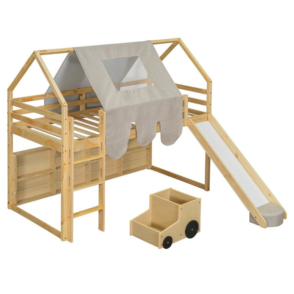 English Elm Twin House Loft Bed with Tent Canopy Slide and Shelves Pinewood Kids Frame Natural LT000682AAD