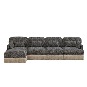 English Elm 131"comfy Chenille Leopard Print Sectional Sofa with Tassel Trim and Movable Ottoman Khaki W5656S00026