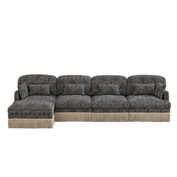 English Elm 131"comfy Chenille Leopard Print Sectional Sofa with Tassel Trim and Movable Ottoman Khaki W5656S00026