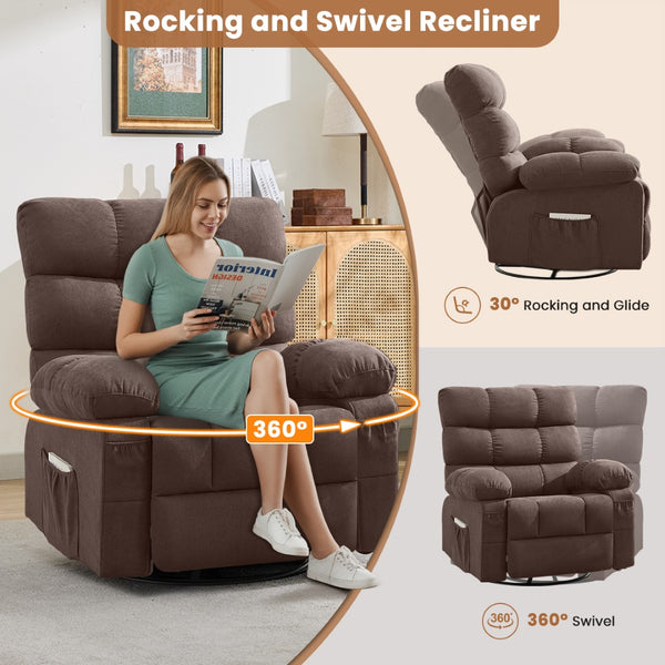 English Elm Swivel Rocker Recliner Ergonomic Glider Chair with Storage Pockets for Small Spaces Brown W1521P479285