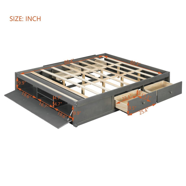 English Elm Queen Platform Storage Bed with Hydraulic Lift Footboard and Four Drawers Antique Finish Gray LP000139AAE