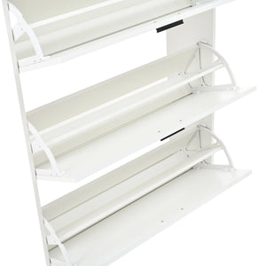 English Elm Two drawer three-fold shoe cabinet with ample vertical shelving, smooth finish, compact entryway storage White W3871P368975