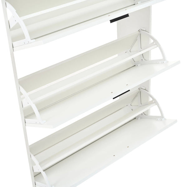 English Elm Two drawer three-fold shoe cabinet with ample vertical shelving, smooth finish, compact entryway storage White W3871P368975