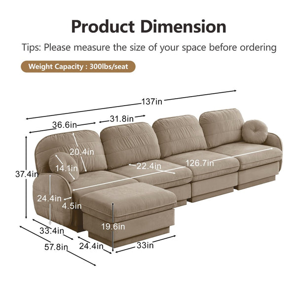 English Elm 137" Oversized Chenille Sectional Sofa with Movable Ottoman and Quilted Cushions Light Coffee W714S01763