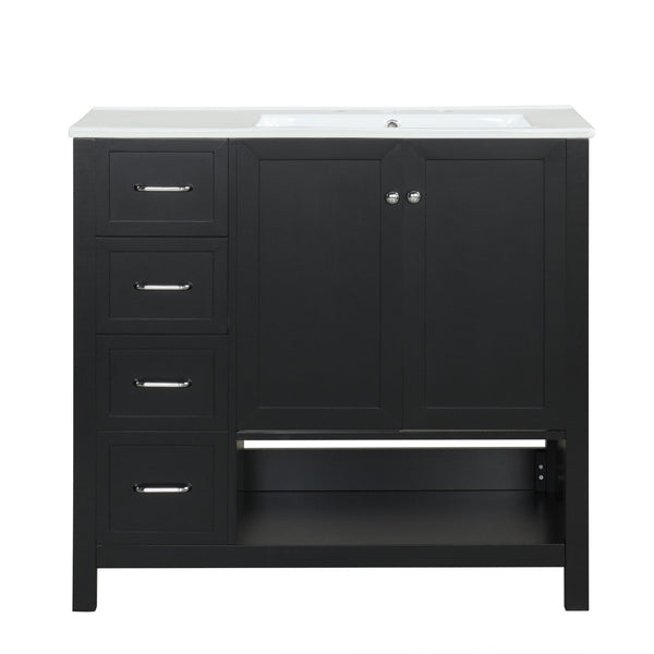 English Elm 36" Freestanding Bathroom Vanity Solid Wood Mdf Cabinet Ceramic Undermount Sink Open Shelf Black N725P364203B