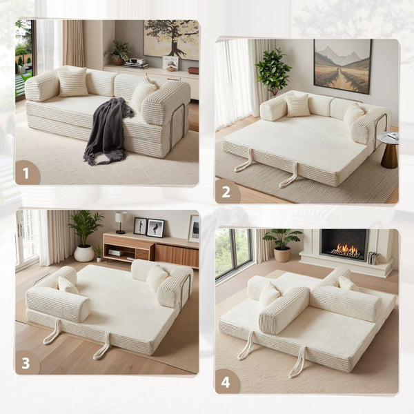 English Elm Compression Foldable Floor Sofa Bed Corduroy Futon with Foam Support for Small Spaces Beige W3716P379182