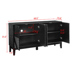 English Elm 60.5'' Buffet Cabinet with Fluted Geometric Doors, Mid-Century Sideboard with Adjustable Shelves & Outlet Holes Black W1801P288508