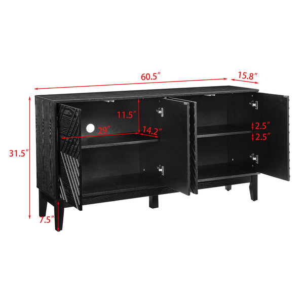 English Elm 60.5'' Buffet Cabinet with Fluted Geometric Doors, Mid-Century Sideboard with Adjustable Shelves & Outlet Holes Black W1801P288508