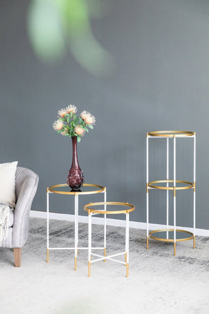 English Elm Set Hannes Nesting Side Tables with Glass Tops Elegant Deco-Modern Metal Frame for Living Rooms Gold+White W2078P394084