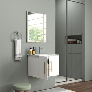 English Elm 24-Inch Wall-Mounted Bathroom Vanity & Mirror Combo - Modern Glossy White, Gold Handles, Soft Close W3151S00033