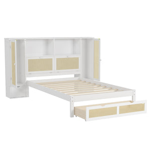 English Elm Twin Multifunctional Bed with Rattan Headboard Storage, Drawer & Shelves — Space-Saving Pine Design White 50.4 L x 19.8 W x 5.5 H N733S241280K