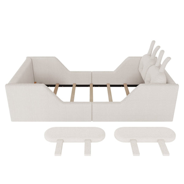 English Elm Twin Kids Platform Bed Teddy Fabric Upholstered with Bunny Cushions and Safety Rails White W2593P395806
