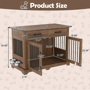 English Elm 44.48" Wooden Dog Crate End Table with Drawers Rotating Bowls Farmhouse Pet Kennel Brown N704P379112D