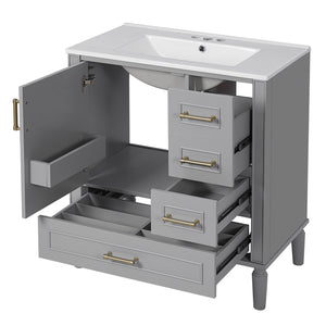 English Elm 30" Elegant Bathroom Vanity with Ceramic Sink, Soft-Close Door & 3 Drawers, Gold Handles, Durable Finish Gray N729P184479E