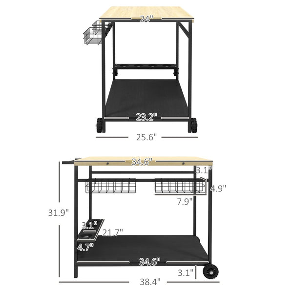 English Elm Outsunny Fir Wood Rolling Bar Cart with Wine Slots Baskets and Powder Coated Frame W2225P200506