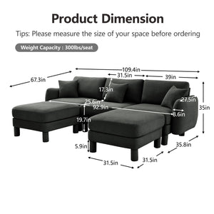 English Elm Boucle U-Shape Sectional Sofa With Shell Armrests & Movable Ottomans - Elegant Dark Grey Comfort W3041S00302