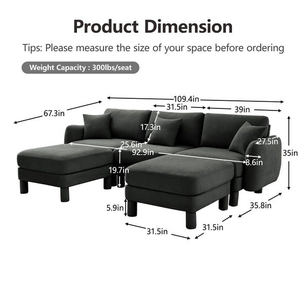 English Elm Boucle U-Shape Sectional Sofa With Shell Armrests & Movable Ottomans - Elegant Dark Grey Comfort W3041S00302