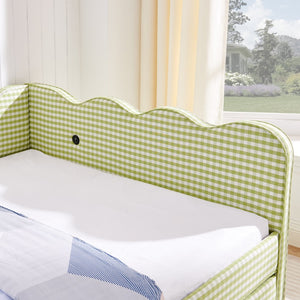 English Elm Full Size Gingham Linen Daybed with Wave Backrest Trundle and Usb Charging Port Green W1413S00139
