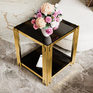 English Elm Modern Round Mirrored Glass End Table with Gold Metal Frame and Lower Display Shelf Black N735P380093B