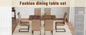 English Elm Table And Chair Set - Retro Rectangular Dining Table With Fishbone Mdf Top & 6 Stylish Brown Chairs W1151S03141-GIGA